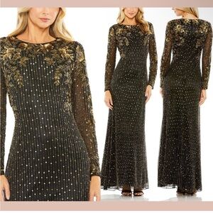 NWT Mac Duggal High Neck Long Sleeve Embellished 5956 Gown BLK/GLD 12